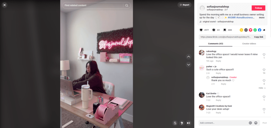 Screenshot of a TikTok video called a day in the life of a small business owner with the video comments shown on the side