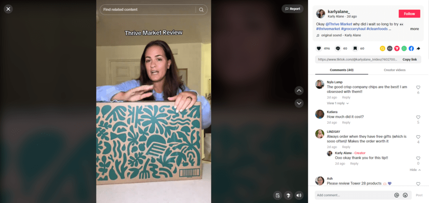 Screenshot of a TikTok video review of Thrive Market by a micro influencer