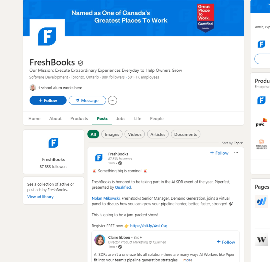 LinkedIn company page for freshbooks