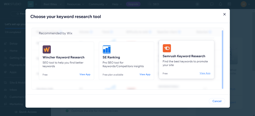 Screen capture of the Wix dashboard showing a selection of keyword research tools including Wincher, SE Ranking, and Semrush.