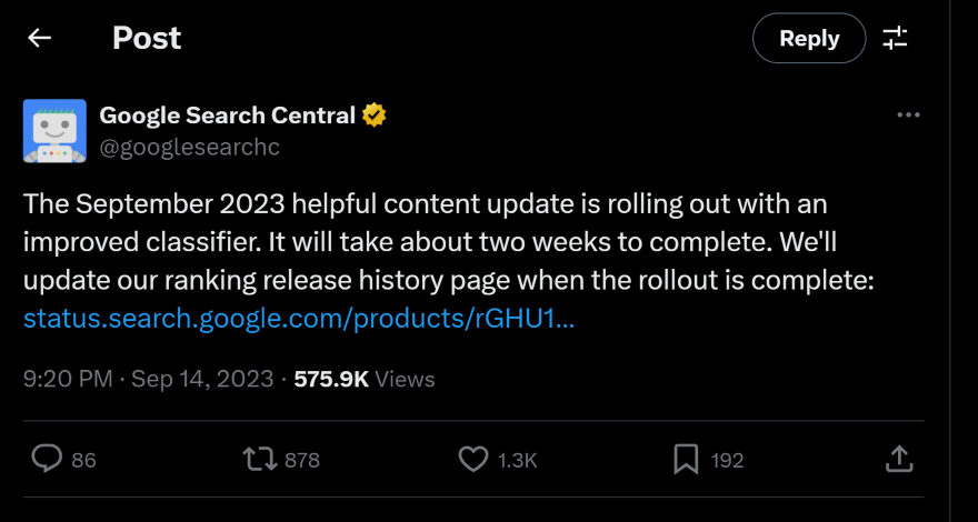 Screenshot of a tweet from Google Search Console talking about an improved classifier for the September 2023 helpful content update