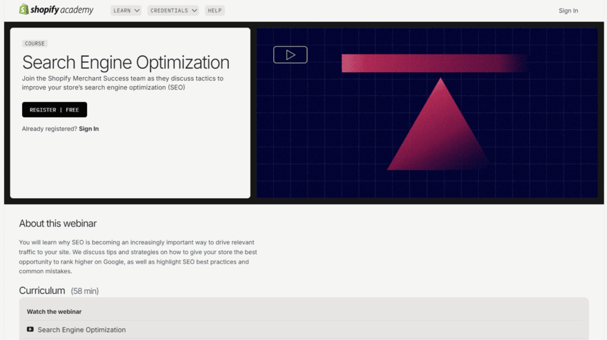 Shopify Academy page for its SEO course with a button to register