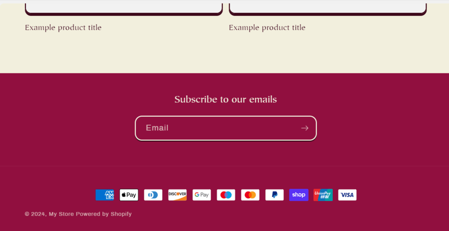 Row of payment options in a Shopify test website footer