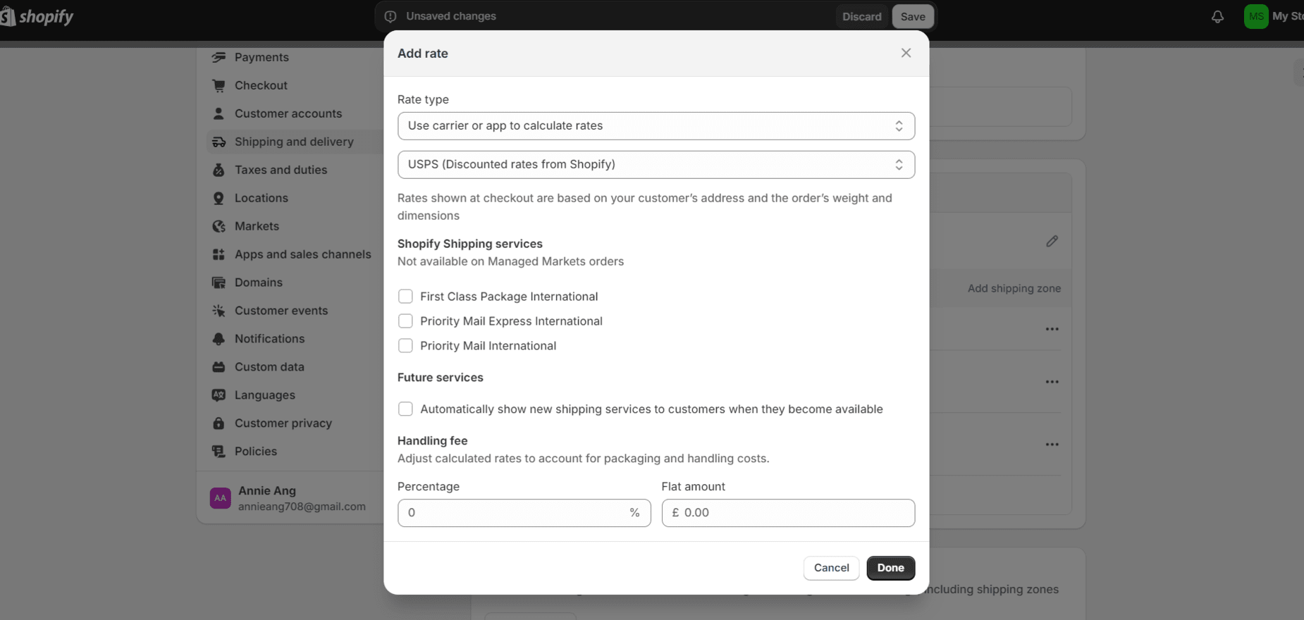 adding rate within the Shopify Shipping settings