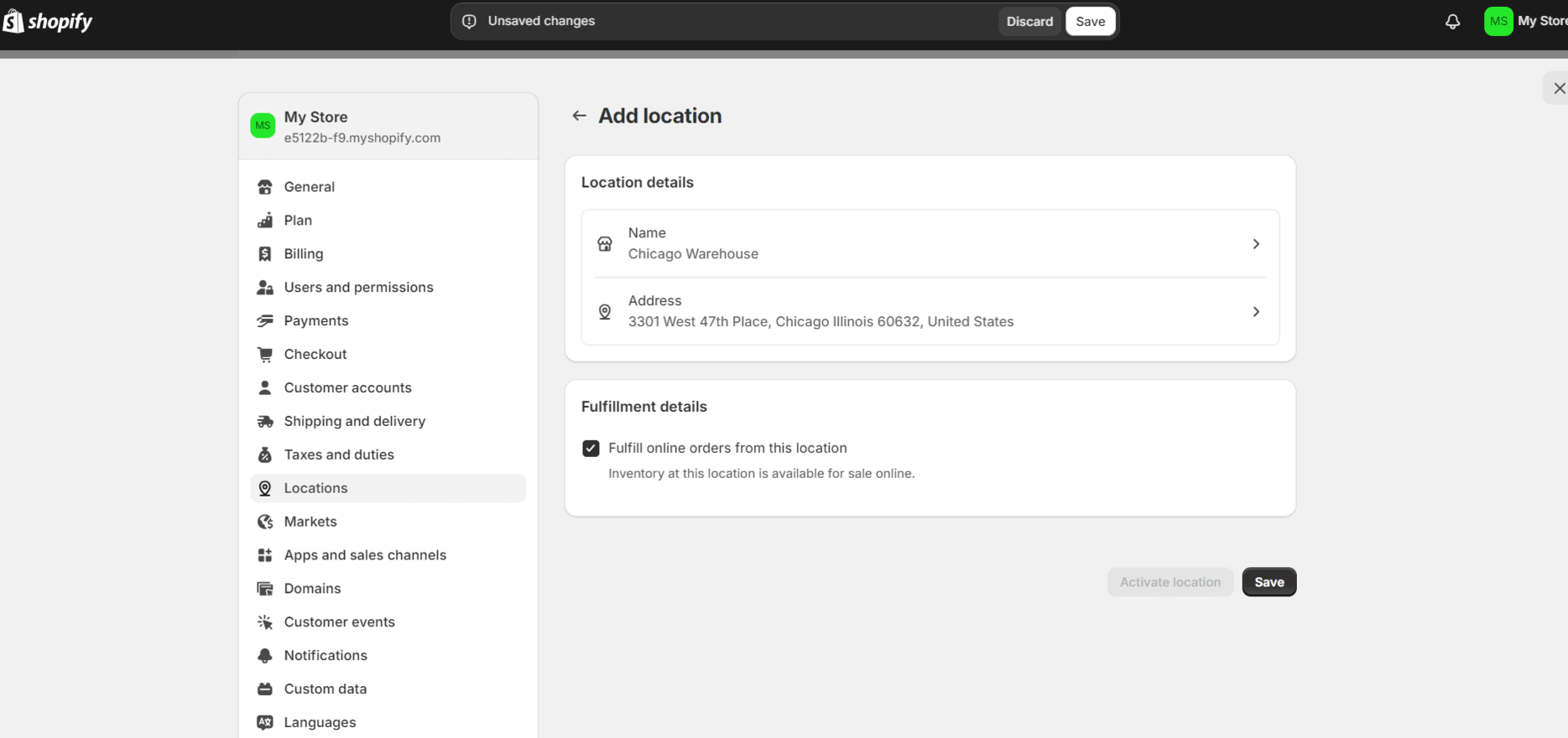 shopify settings adding location to store