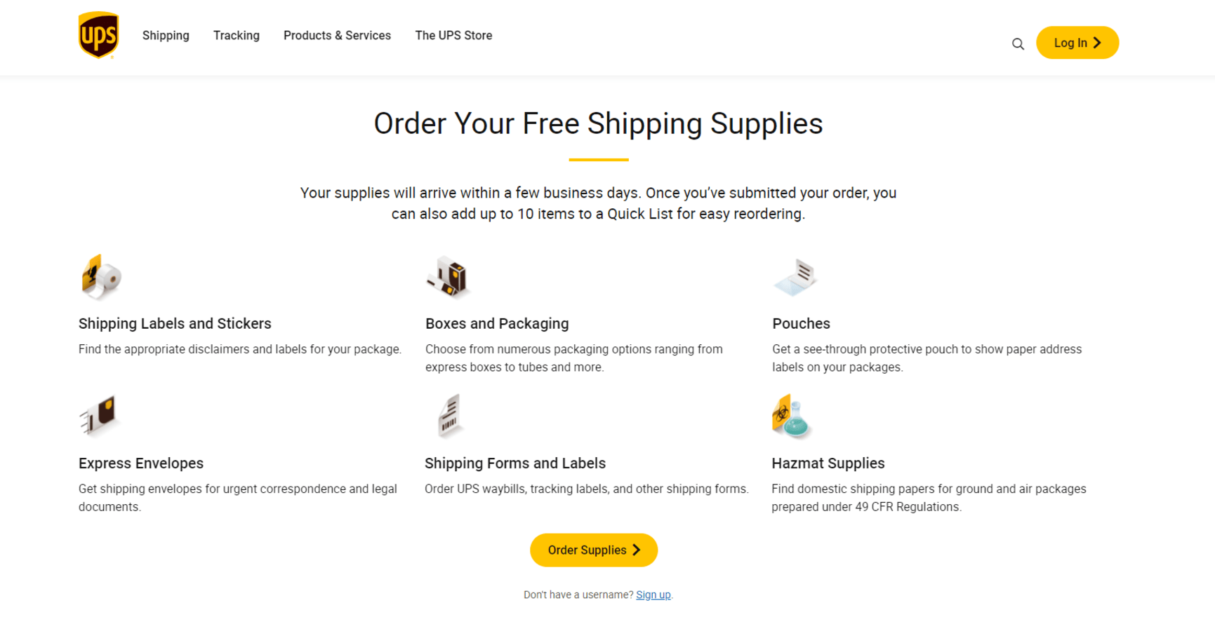 UPS website page titled order your free shipping supplies