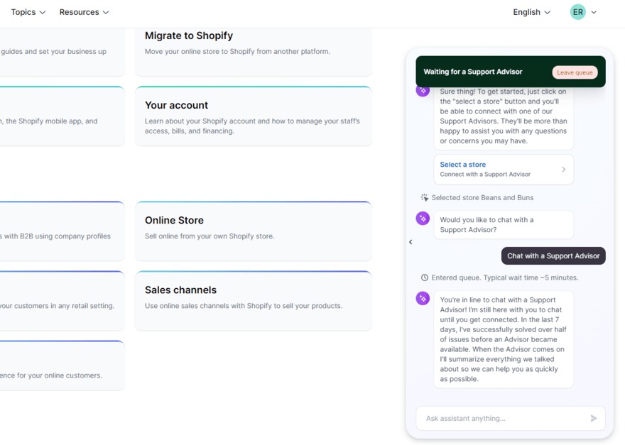 Shopify live chat support within the help center