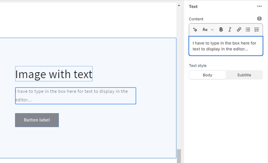 Editing text in Shopify's website editor