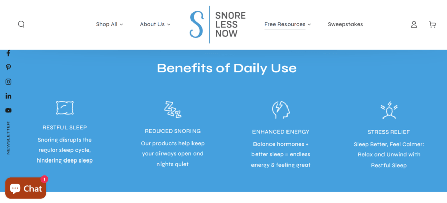 Sidebar with social links and a newsletter button on SnoreLessNow website