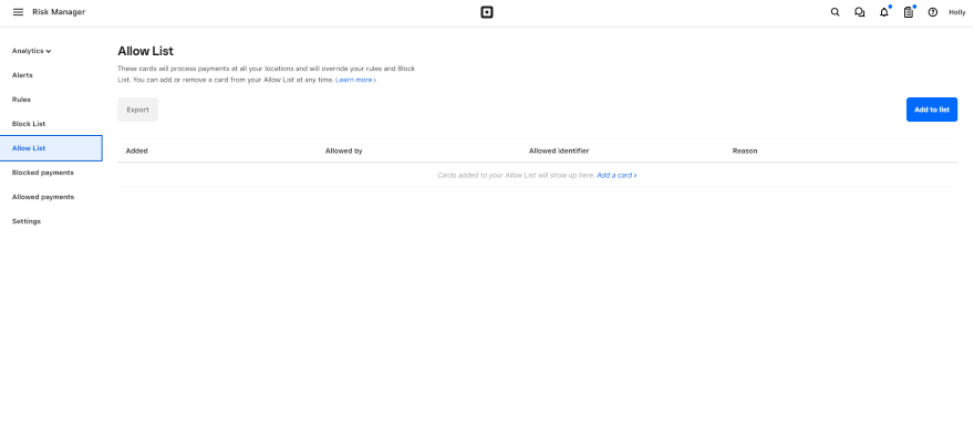 Screenshot of Square Online's allow list page from the Risk Manager.