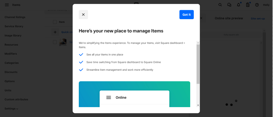 Screenshot of an intro pop-up to Square's Product Library.