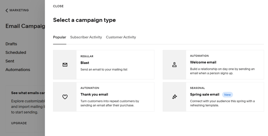 Squarespace Email Campaigns selection of campaign types