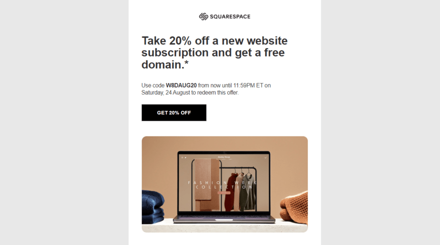 Squarespace marketing email offering a 20% discount