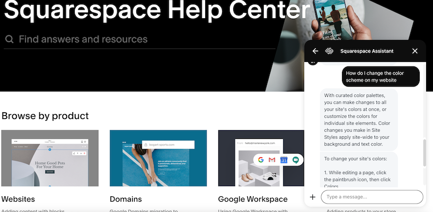 The Squarespace Help Center page with an ongoing live chat open on the right-hand side.