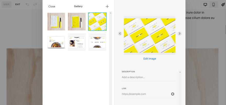 A screenshot showcasing the Squarespace editor interface and gallery management tools.