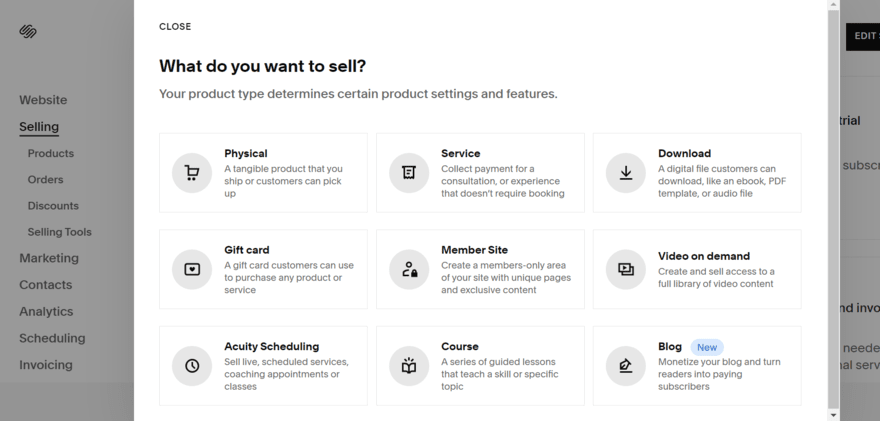 Pop up table with product types to select for selling on Squarespace