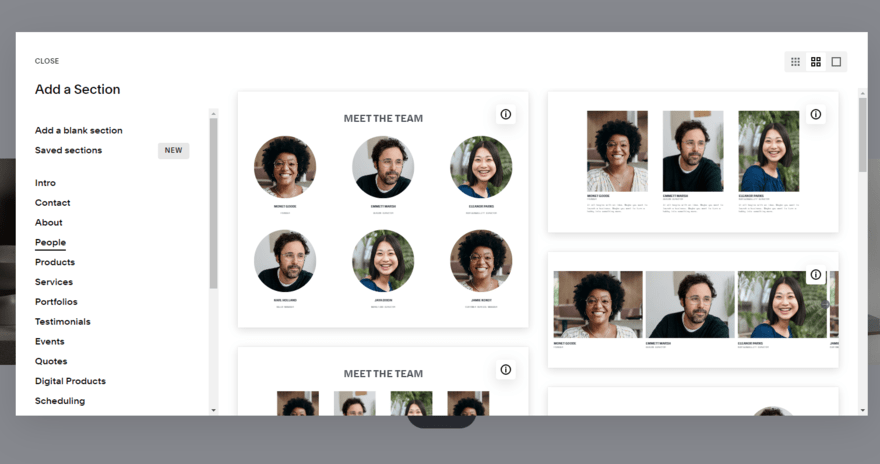 Squarespace's design sections library, specifically showing people/team sections