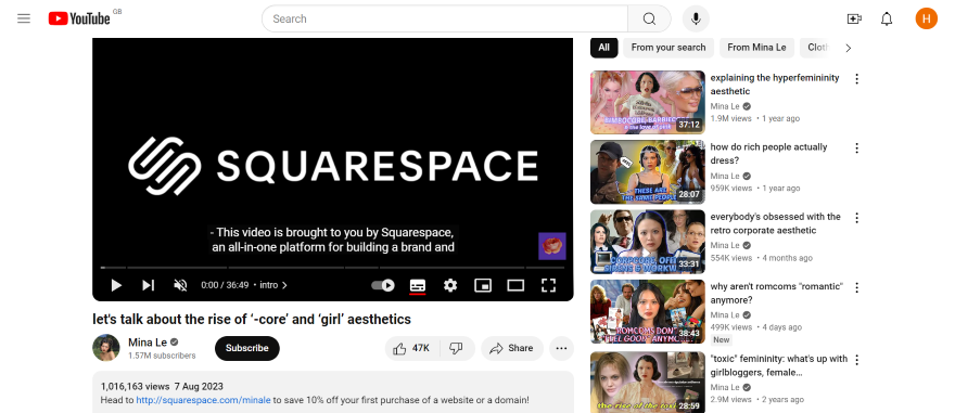 Screenshot of a YouTube video page with the Squarespace text logo on screen