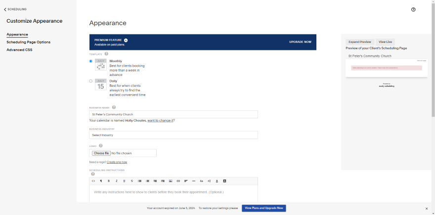 Screenshot of a Squarespace dashboard interface showing options to customize the appearance of a user's scheduling page.