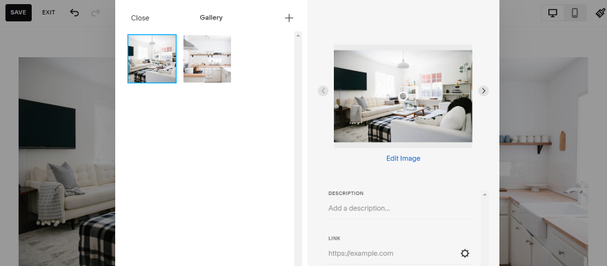 Screenshot of a gallery pop-up on Squarespace's editor and photos of house interiors