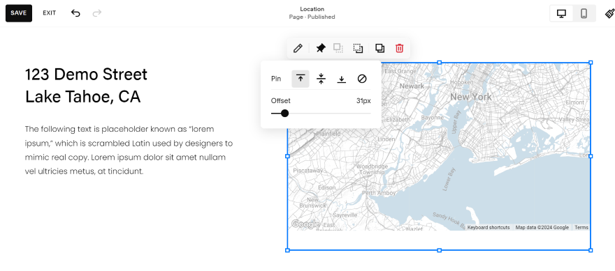 Screenshot of a Squarespace page featuring a map and heading with an American address