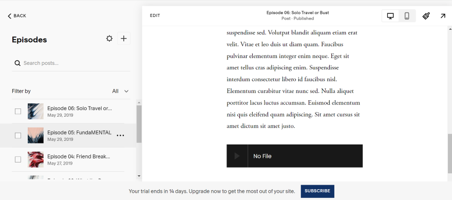 Screenshot of Squarespace's editor with a dashboard showcasing a podcast's various episodes