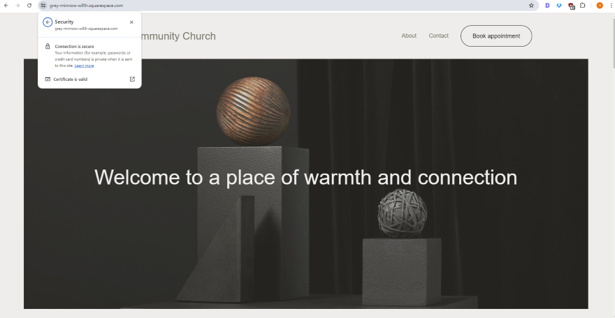 Screenshot showing Squarespace secure connection indicator with SSL certificate verification for enhanced security.
