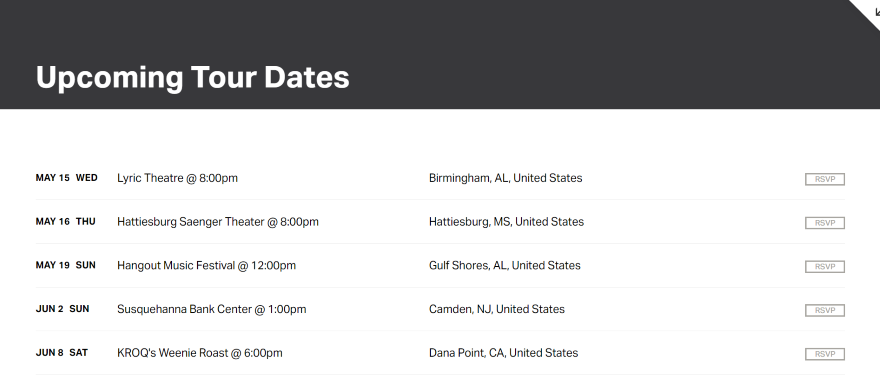 Screenshot of a Squarespace band page for tour dates, listing numerous dates across American cities.