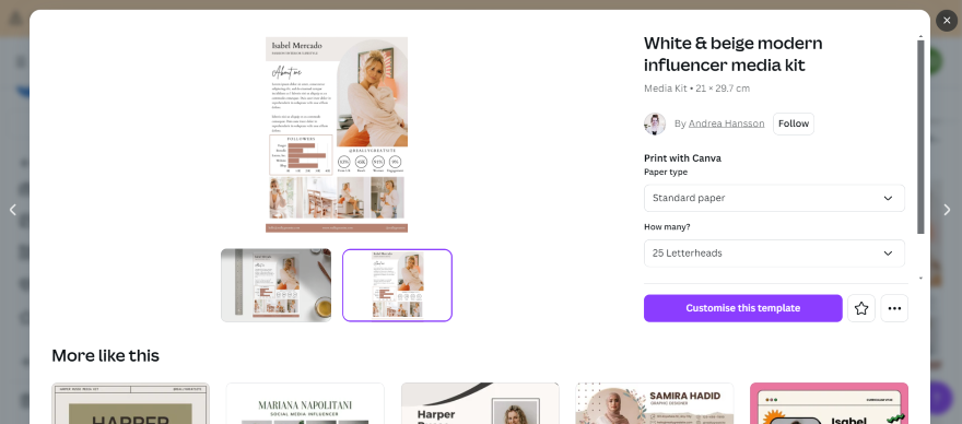 Example of a modern white and beige influencer media kit on Canva featuring a neatly organized layout with text and images.