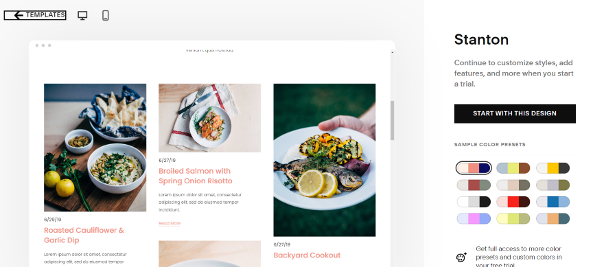 Preview of the Squarespace Stanton blog template displaying food blog posts and color palette options.