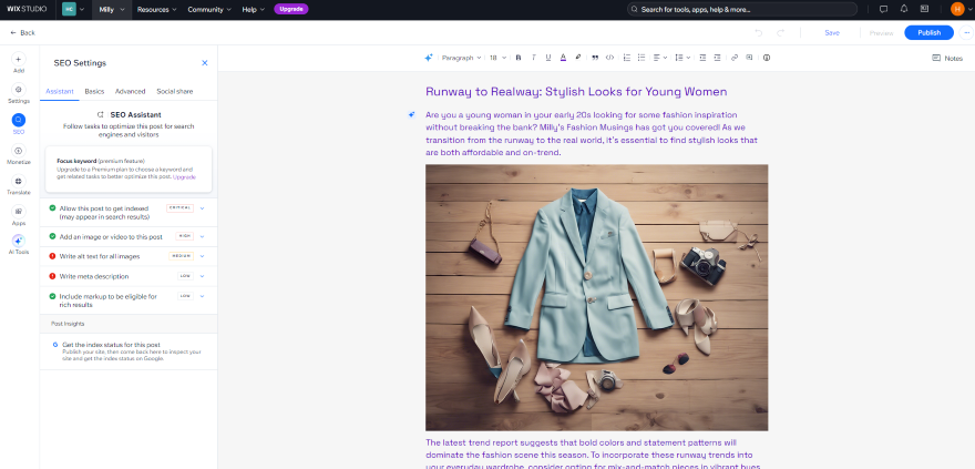 Screenshot of a Wix dashboard for a blog post featuring a stylish fashion layout.