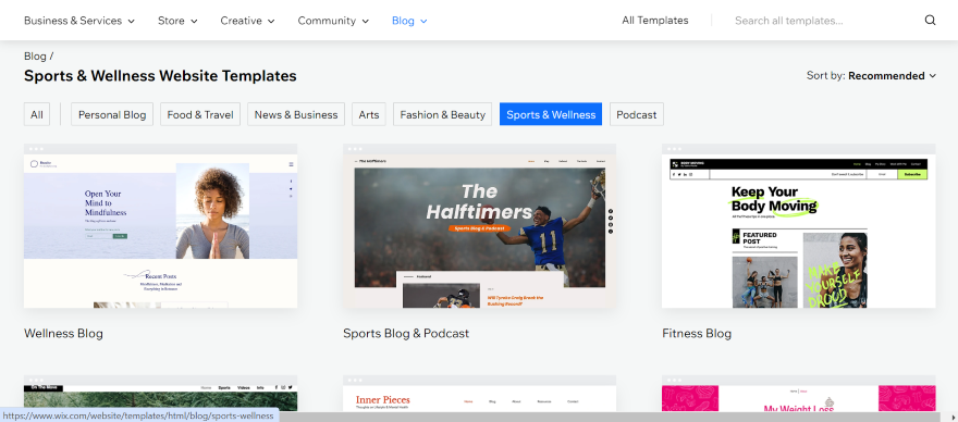 A collage of sports and wellness website templates featuring blogs on fitness, sports podcasting, and mindfulness.