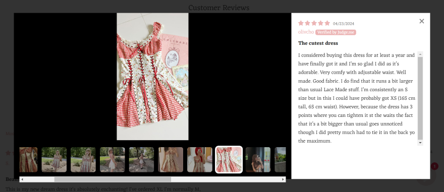 Screenshot of a fashion brand's review page with user generated photos of a red dress alongside text reviews