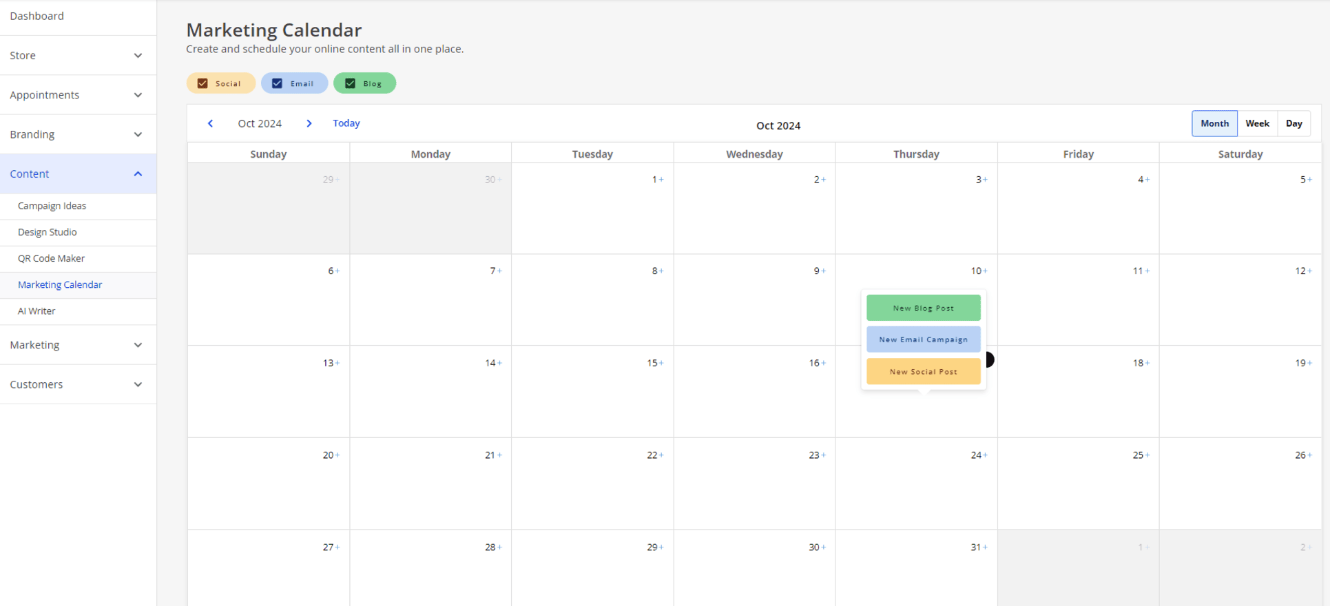 we.com marketing calendar overviewing the month of October