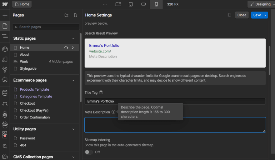 SEO page settings in Webflow's editor, adding a meta description