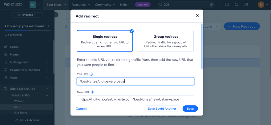 A screenshot showing how to add a redirect for a website URL within the Wix Dashboard interface.