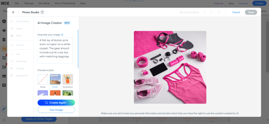 Screenshot of a gym wear photo generated by Wix's AI.