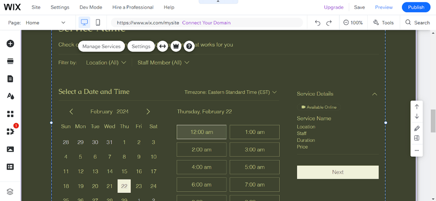 Wix Bookings in action in the editor, with "Settings" and "Manage Services" buttons visible