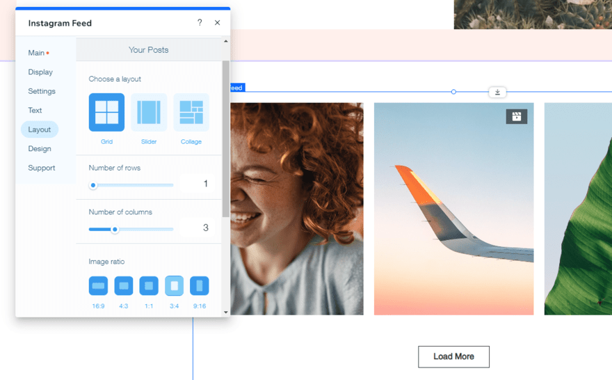 Editing an Instagram feed element in Wix's editor