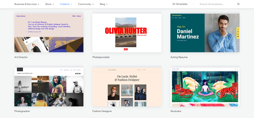 A diverse selection of Wix website templates for various professions including art director, photojournalist, and fashion designer.
