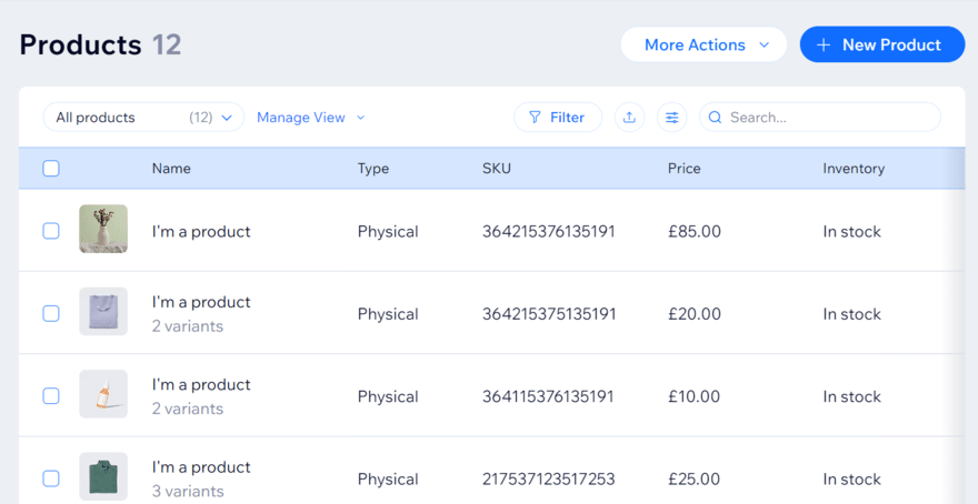 Wix product backend dashboard