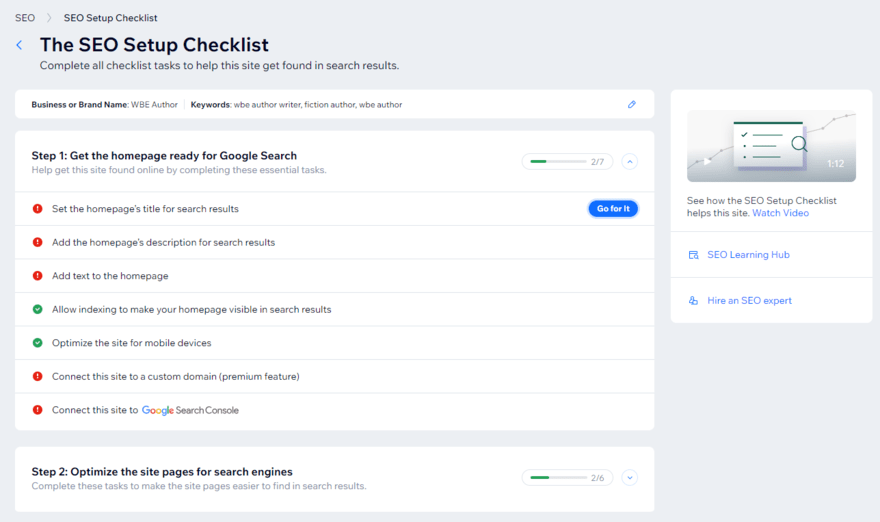 Wix's SEO checklist for an author website