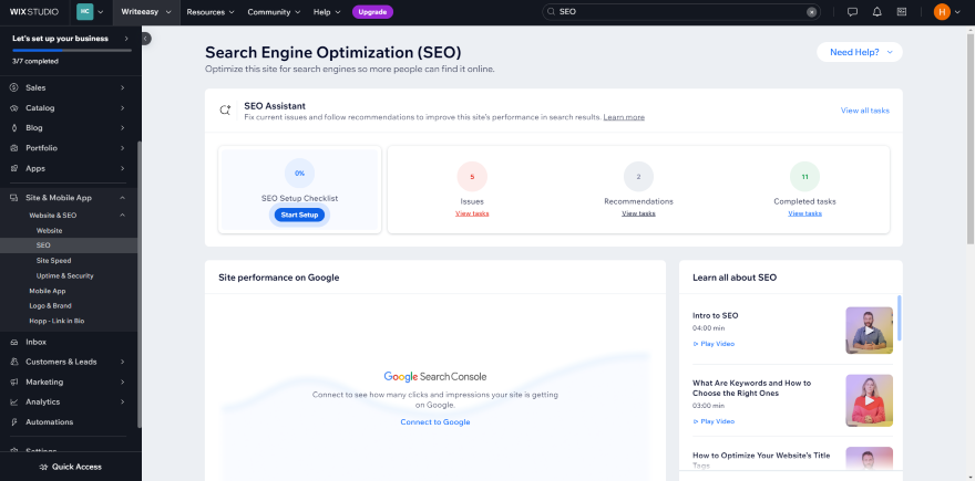 Screenshot of Shopify's SEO optimization dashboard featuring tools for site performance and setup checklist.