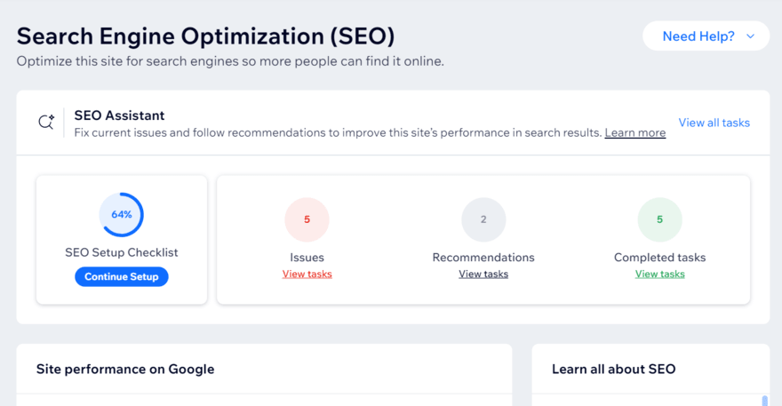 Wix SEO dashboard showing issues and recommendations