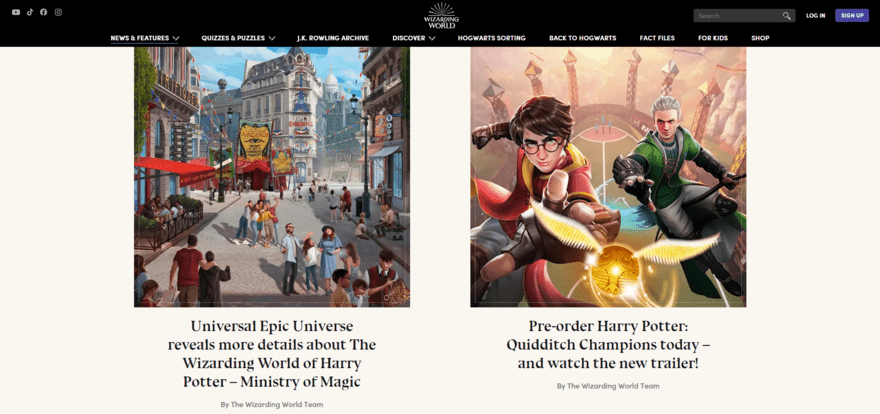 Wizarding World website showing the title and featured image of two news articles