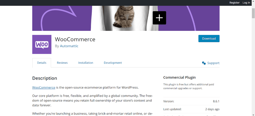 Plugin page for WooCommerce showing description, version, and download button