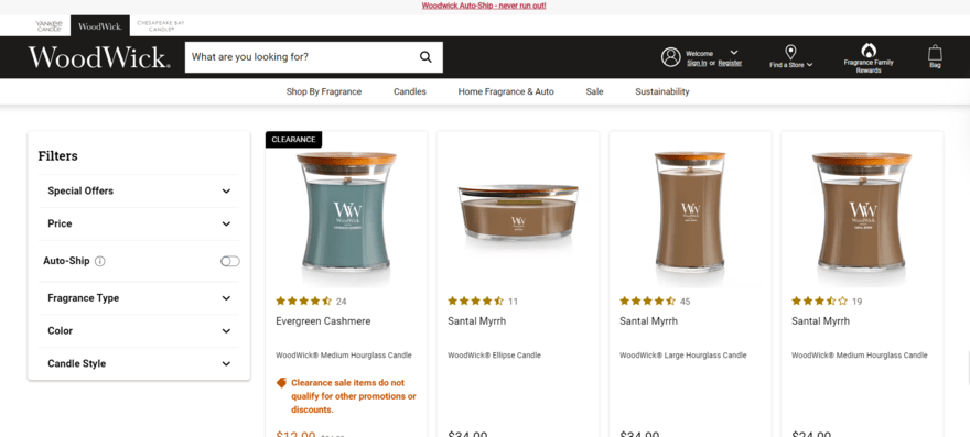 WoodWick candles website showing products