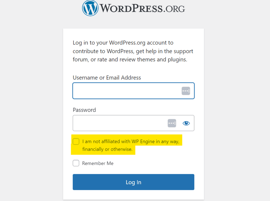 WordPress contributor login page with a highlight over the new checkbox