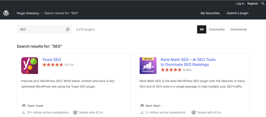 Screenshot of WordPress' plugin directory showcasing two SEO plugins