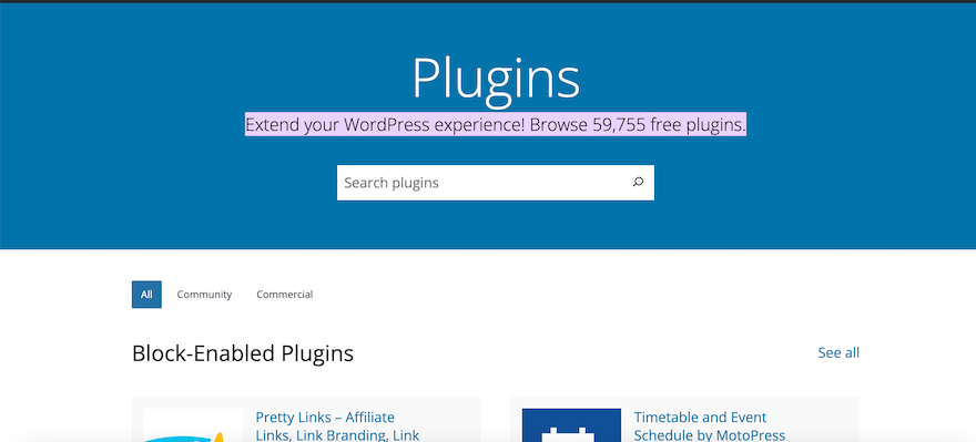 WordPress Plugin search page showing a search bar above a few plugin examples.